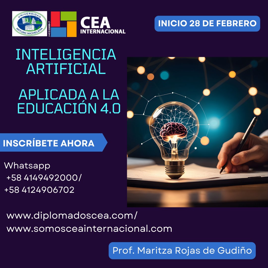 En nuestros diplomados te acompañamos a alcanzar el nivel profesional que requieres, en un entorno dinámico y diseñado para tu éxito
Inicio 28 de febrero de 2026
Whatsapp:  +58 412-4906702 / +58 4149492000 
somosceainternacional.com /www.diplomadoscea.com
#SomosCEA #diplomados