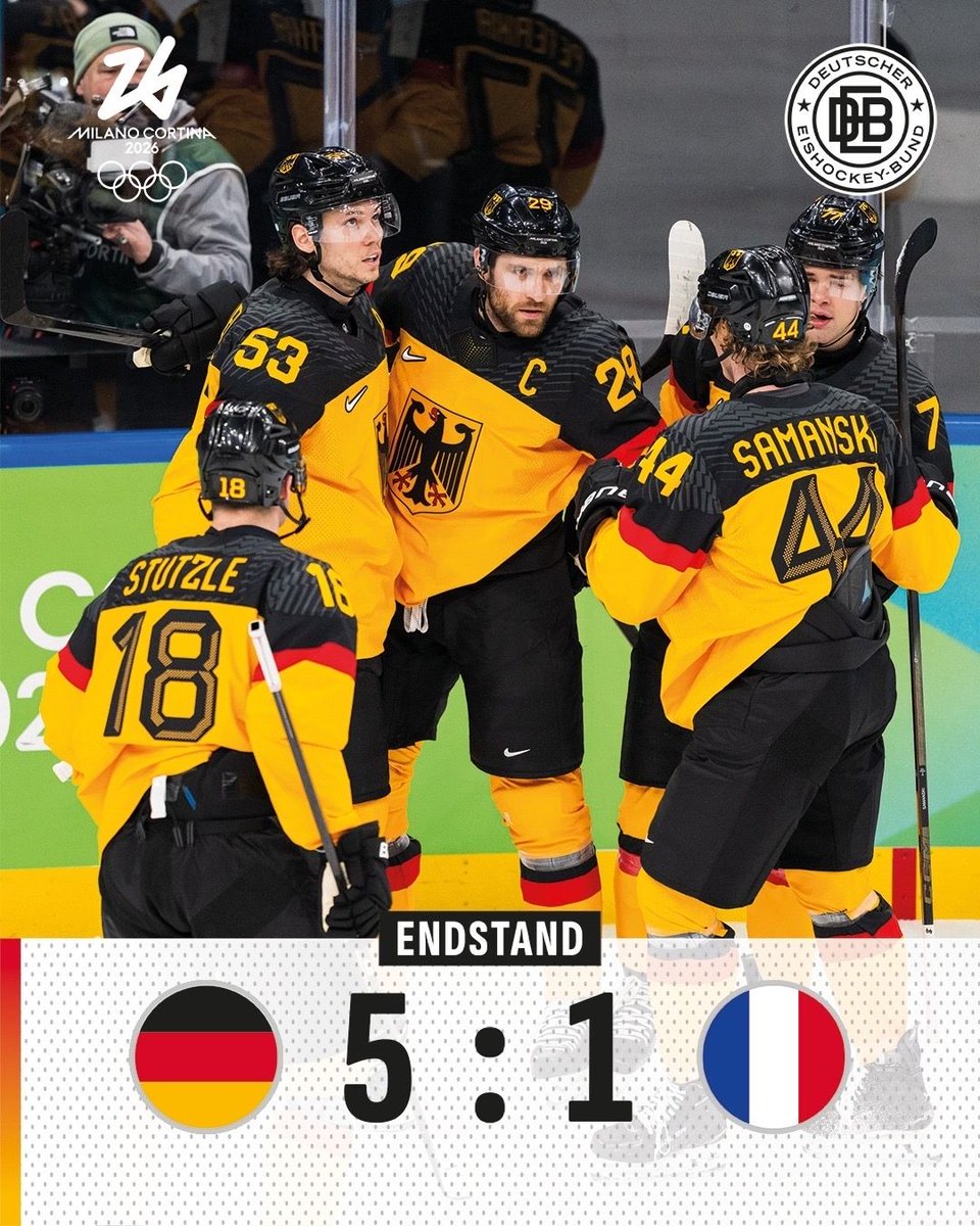 deb_teams's tweet photo. Olympia-Viertelfinale! 

Im Qualifikationsspiel gegen Frankreich gewann Deutschland mit 5:1. Schon in der 4. Minute brachte Draisaitl die Führung, Tiffels und Peterka legten im 1. Drittel weiter nach. Im 3. Drittel besorgten Samanski und Sturm die Entscheidung.

#TeamD #GERFRA https://t.co/TXCzFOafdy