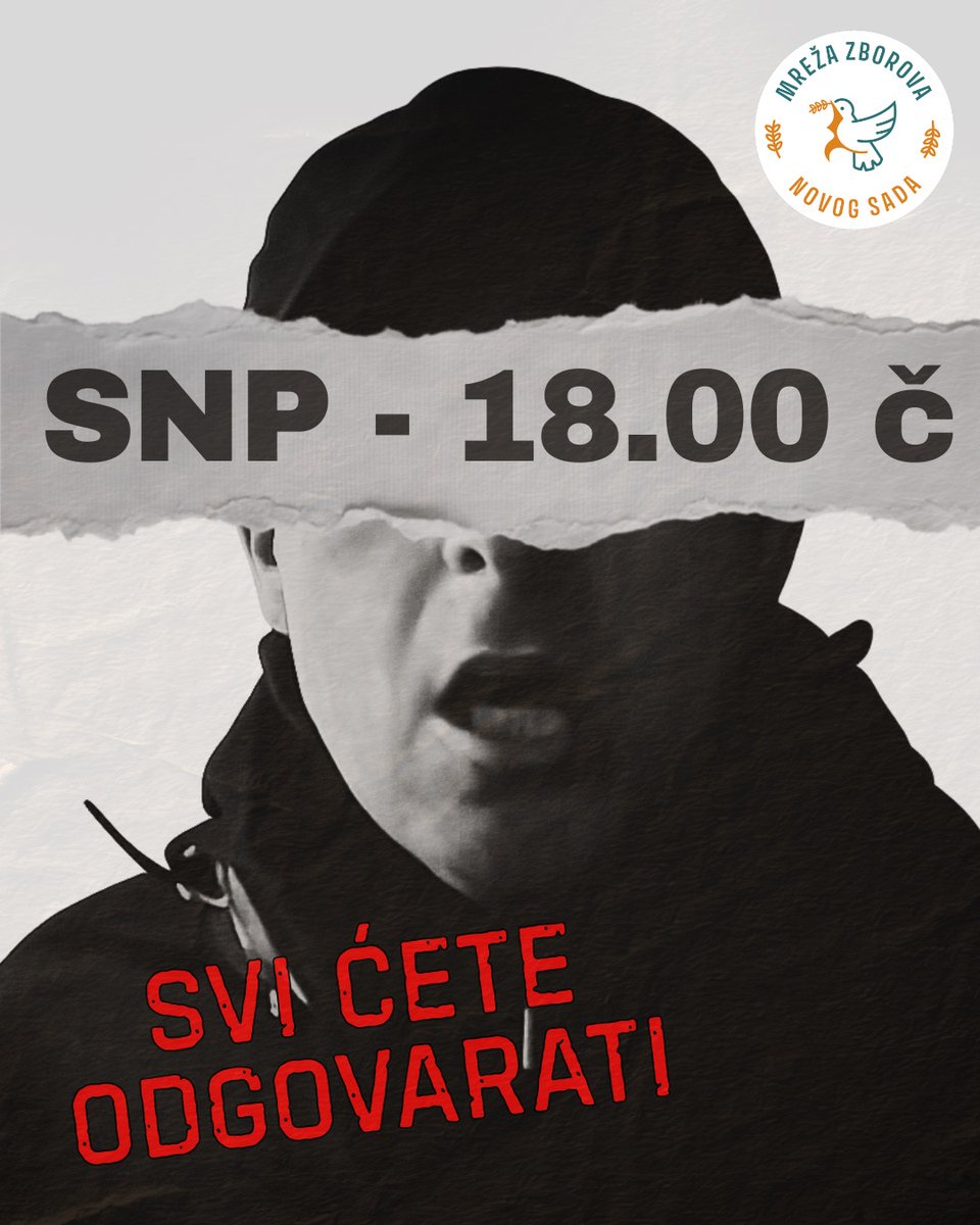 MZ_Novog_Sada's tweet photo. Danas, 17. februara, ponovo izlazimo na ulicu.
Okupljamo se ispred SNP-a u 18.00 časova, odakle šetamo do MUP-a u Kralja Petra. 

Na nasilje ne pristajemo. Na ćutanje institucija još manje.

Vidimo se i danas, i svakog drugog dana, dok ne bude pravda. https://t.co/fD7Z28VzxU