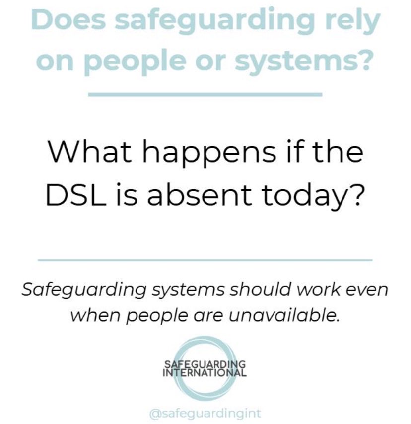 safeguardingint's tweet photo. How to spot when safeguarding relies too heavily on individuals:

Ask: “What happens if the DSL is absent today?”

If the answer includes names rather than steps, you’ve found a risk.

#SafeguardingInPractice #ThinkingSafeguarding #InternationalSchools #Safeguarding https://t.co/z9984qkm40
