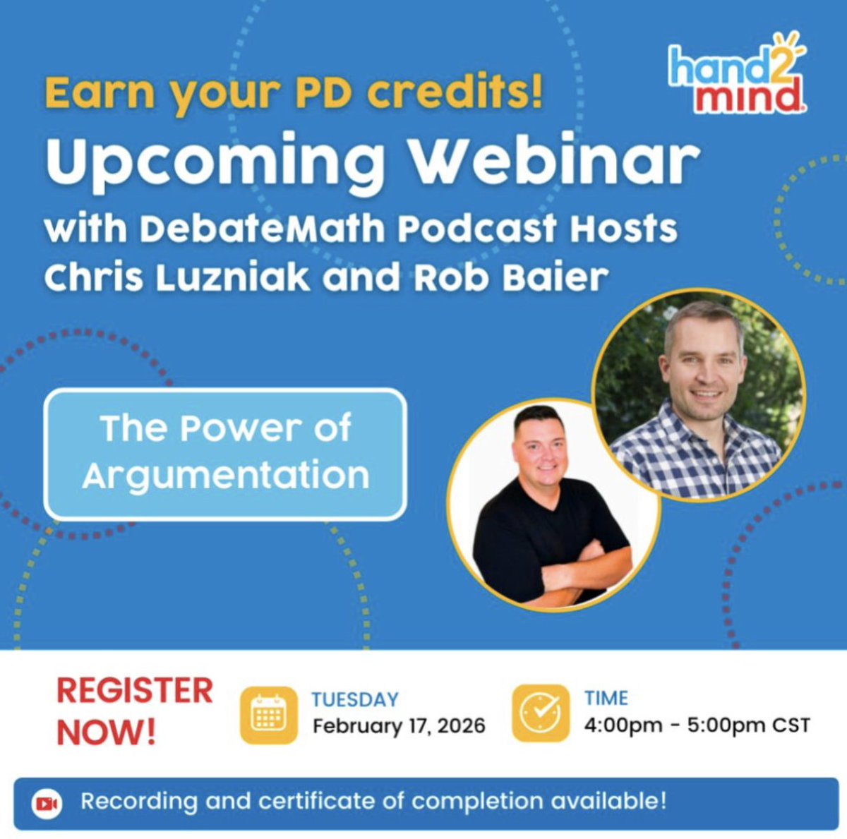 cluzniak's tweet photo. Hi Friends! TODAY is the day!

Join us for a webinar with hand2mind: 
The Power of Argumentation! 

📷  Date/Time: Tuesday, February 17 from 4-5pm CST
📷  Register here: https://t.co/JDgwjBh8Qd

#DebateMath https://t.co/lGqNYiYJQS
