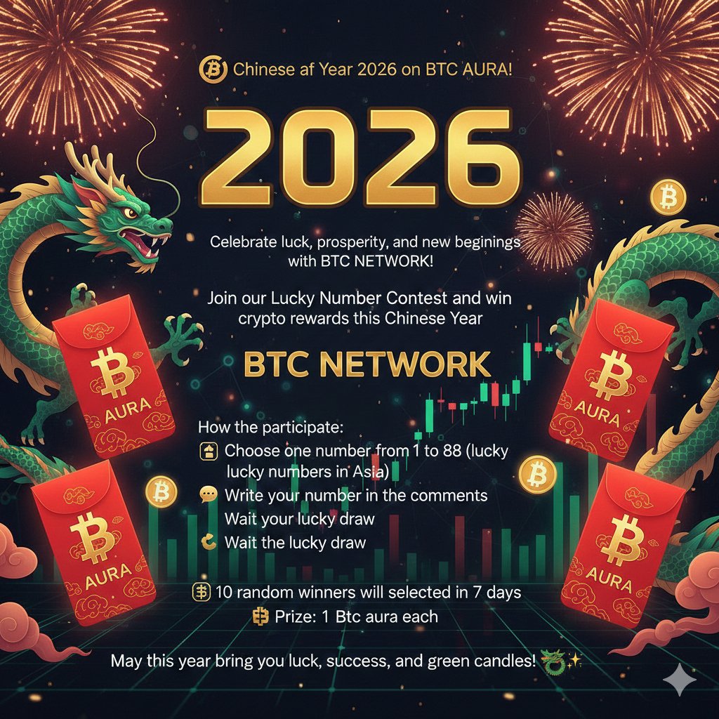 🧧 Chinese New Year 2026 on btc aura!🧧
Celebrate luck, prosperity, and new beginnings with BTC NETWORK! 🎉
Join our Lucky Number Contest and win crypto rewards this Chinese New Year.

How to participate:
🔢 Choose one number from 1 to 88 (lucky numbers in Asia)
💬 Write your