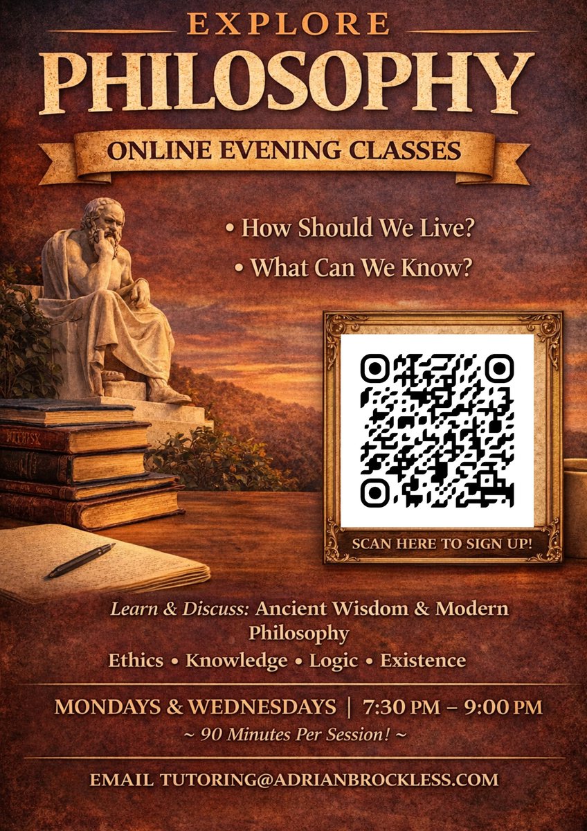 ❓ What is truth?
🛡️ What is courage?
🧠 Can we know anything with certainty?
These are not abstract puzzles. They shape how we live.
📚 Join my 6-week philosophy course (starts March 23).

adrianbrockless.com/evening-classes

#Philosophy