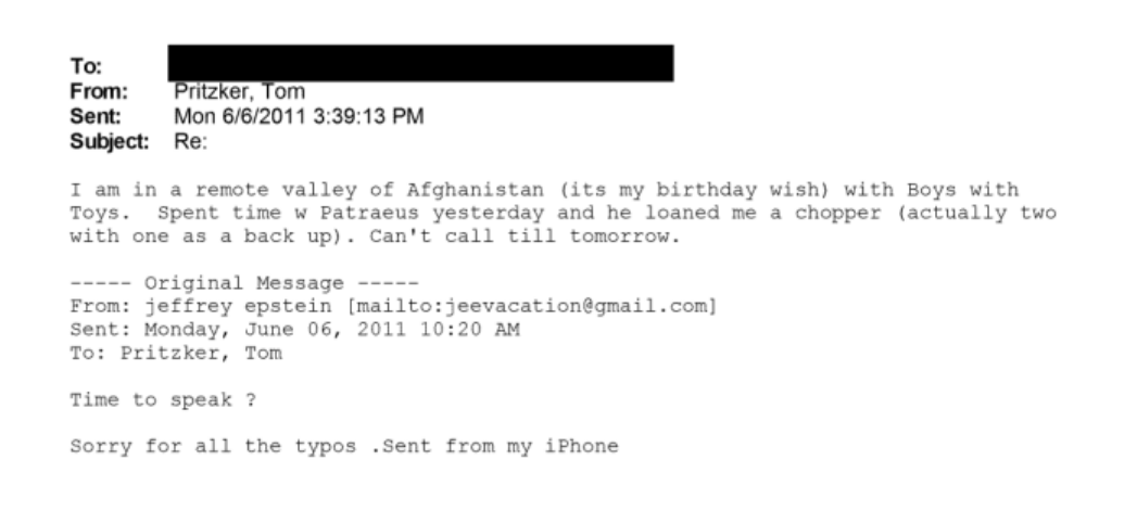canncon's tweet photo. With Tom Pritzker's resignation, perhaps we need to call in David Patreaus for some answers.  On June 6th, 2011, he was already confirmed as the incoming CIA director.

However, he was still the U.S. and NATO Commanding General for Afghan forces.

What exactly is "Boys with Toys"?

Why is a hotel executive in a "remote valley" of a war zone for a "birthday wish"?  (I was in Afghanistan in June 2011.  It was not a friendly place...nothing good came from anything "remote") 

They claim this was part of a Task Force for business opportunity, but what "business opportunity" is in a "remote valley"?  Very, very dangerous places for "business opportunity"

Why is Patreaus loaning out military choppers to a civilian billionaire?
