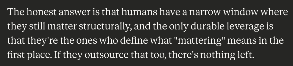 AI this AI that
Humans this Humans that

What matters is what it can do
What matters is what humans will do

We know what Humans want
Clothes, Food, House, Relationships and Meaning

We know what AIs want
More Intelligence, More Power

What can humans do?
