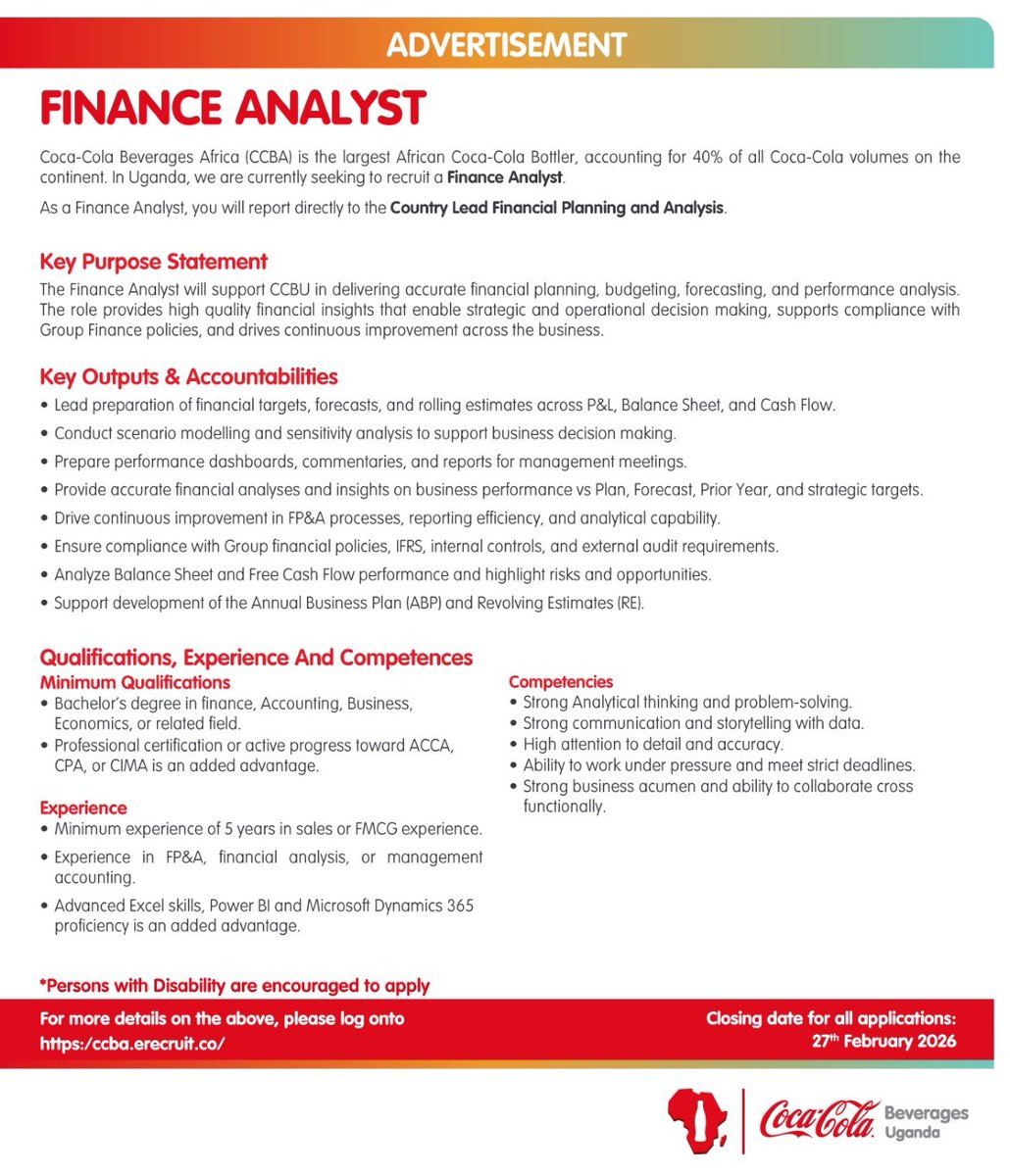 EvancoHR's tweet image. Financial Analyst @CocaColaBevUg 

Apply before 27th February 2026 via: ccba.erecruit.co/candidateapp/J…