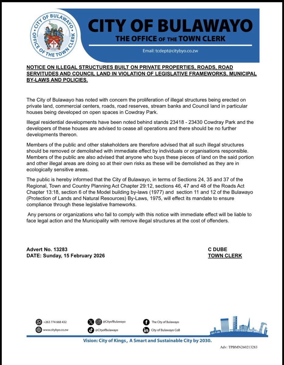 The City of Bulawayo is advising all residents and stakeholders to desist from  building Illegal Structures on Private Properties, Roads, Road Servitudes and Council land.