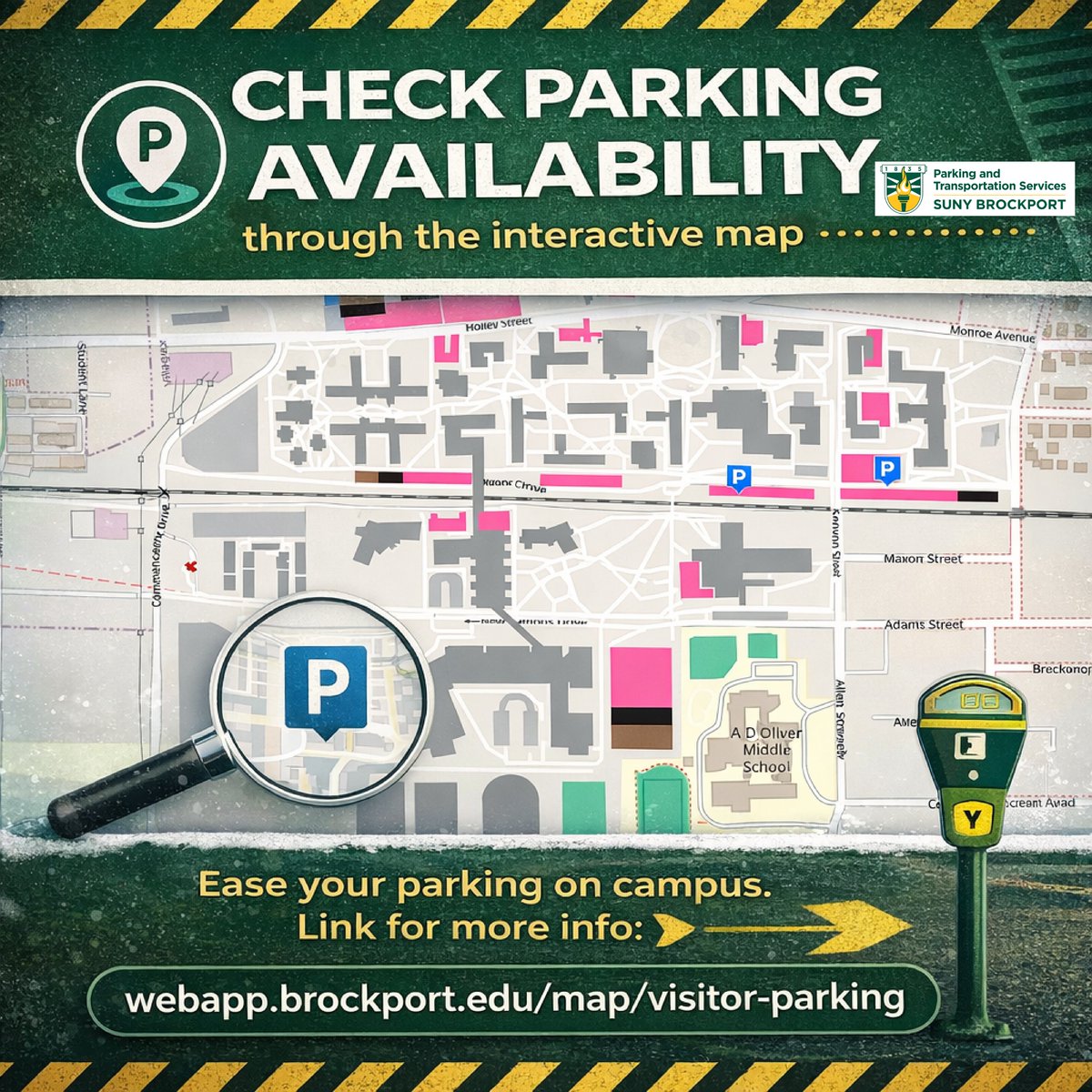 Use our interactive map to find the best spots in real time 🚗🅿️

Link for more info: webapp.brockport.edu/map/visitor-pa…

#sunybrockport #brockport #brockportparking #campusparking #parkingupdates #collegelife #campusresources