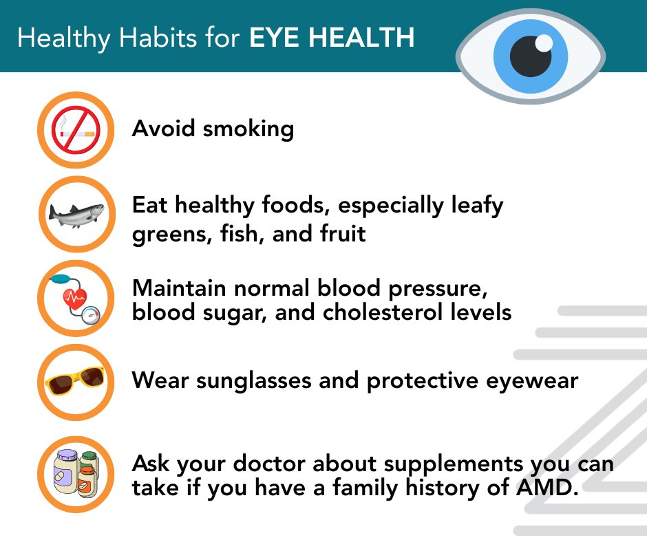 myamazinghealth's tweet photo. There are a number of healthy habits you can practice that can help reduce your risk for developing macular degeneration. #amdawareness #lowvisionmonth https://t.co/yvGxVmNyc7