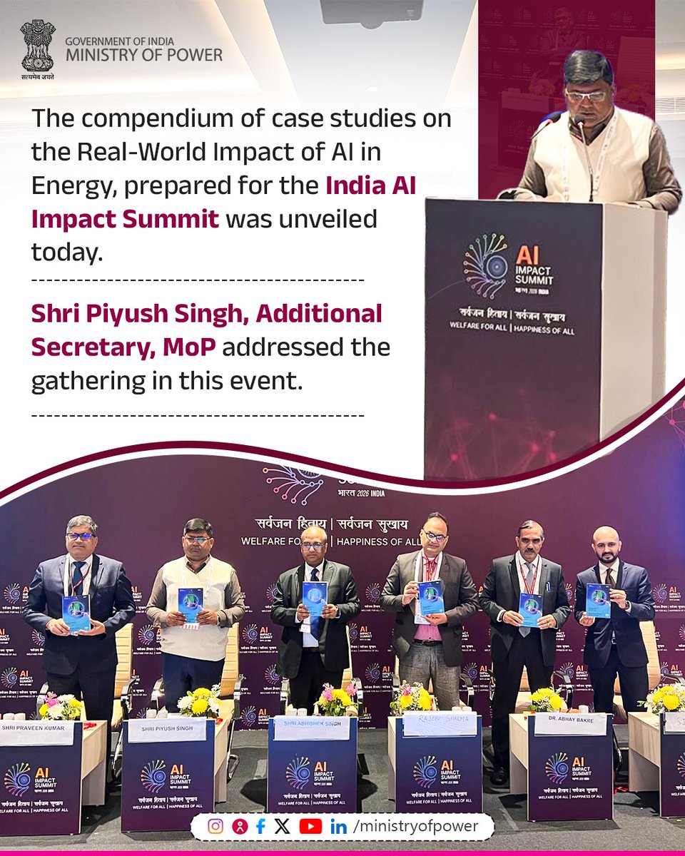 MinOfPower's tweet photo. The Compendium of Case Studies on the Real-World Impact of AI in Energy, prepared for the India AI Impact Summit, was unveiled today at the Bharat Mandapam.

@RECLindia 
@pgcilindia 
@ITPODesk 
@PIB_India 

#IndiaAIImpactSummit https://t.co/FAbGA0xCPt