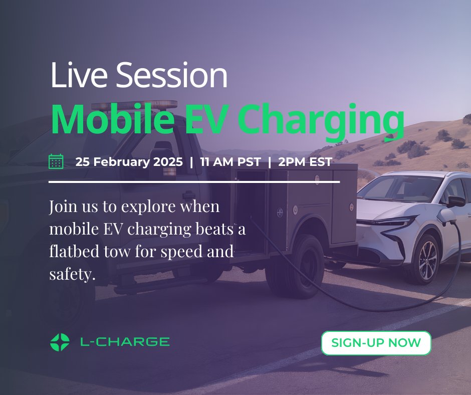 LChargeusa's tweet photo. Towing an EV isn’t the same as towing an ICE vehicle - it’s slower, riskier, and often causes damage. In this session, we’ll show when mobile EV charging replaces a flatbed and gets vehicles back on the road faster.

Register below ⬇️
https://t.co/vd8ZXa8W6V https://t.co/GyPbZNpLbU