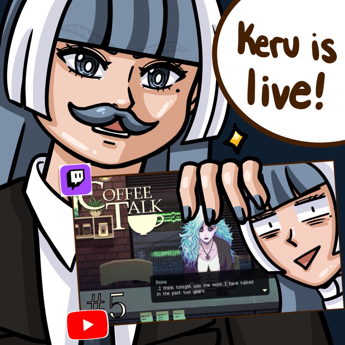 Hi hello everyone! Wanna watch this average hooman being, definitely not a bird, make some coffee as we look at other people’s problems in Coffee Talk? 🐦

Come and join me as I’m now live on Twitch!

twitch.tv/keruconpolvoron

#pngtuber #Vtuber #VtuberEN