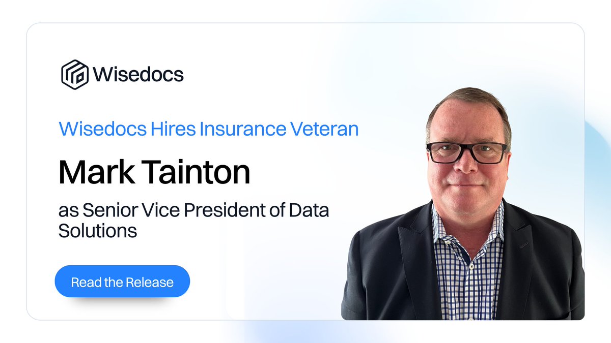 Wisedocsai's tweet photo. Wisedocs appoints insurance veteran Mark Tainton as SVP of #DataSolutions 

With 30+ years in insurance data, analytics, and #AI, Mark will help scale our AI-enabled claims solutions with trusted #HumanOversight.

👉 Read the full release
🔗https://t.co/87rKTooOps https://t.co/LhUKWWQnMe