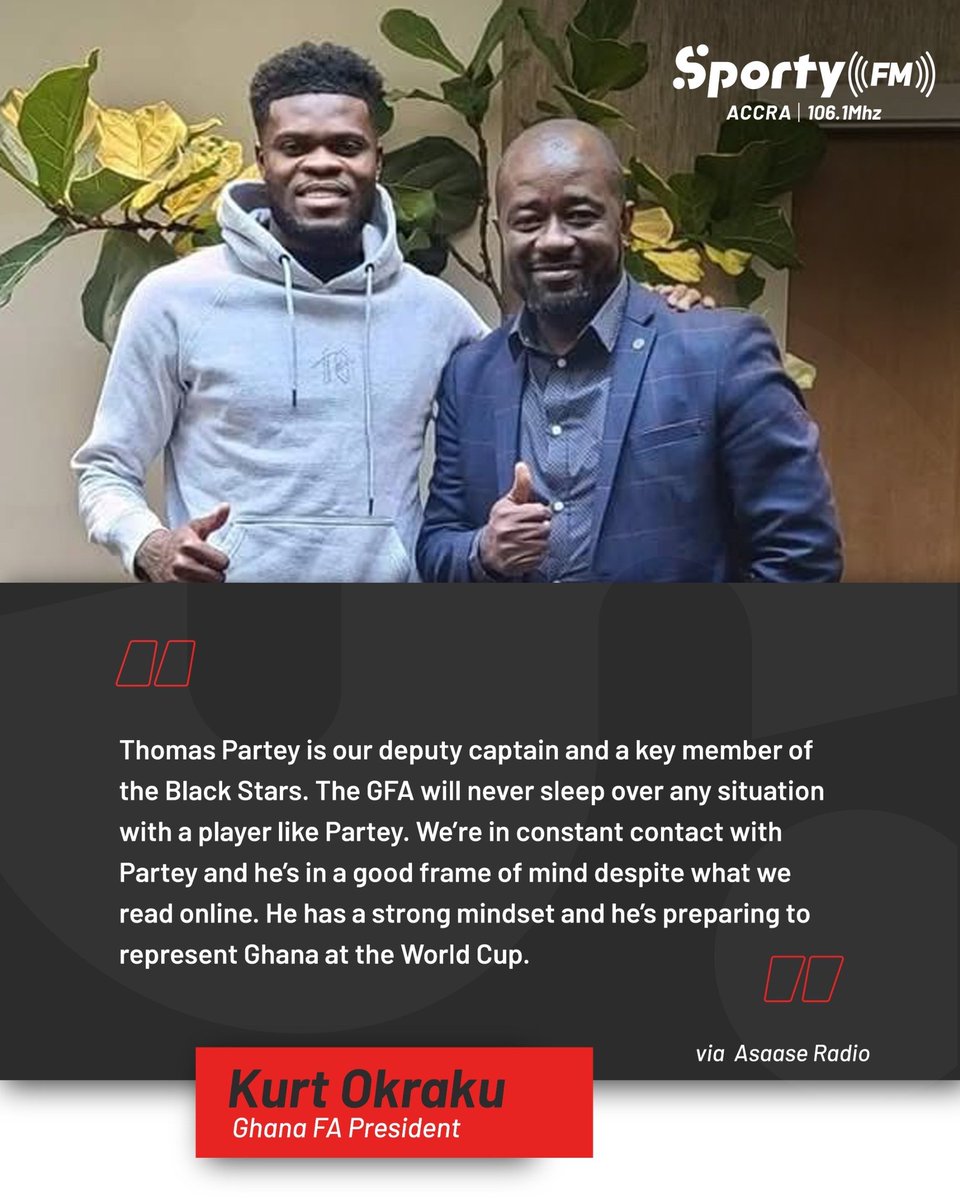 🚨 Thomas Partey at the World Cup?

President of Ghana FA <a href="/kurtokraku/">Kurt Edwin Simeon-Okraku</a> says his outfit stands "shoulder-to-shoulder" with the <a href="/GhanaBlackstars/">🇬🇭 Black Stars</a> deputy captain, who "is in a good frame of mind" to represent 🇬🇭 at the tournament