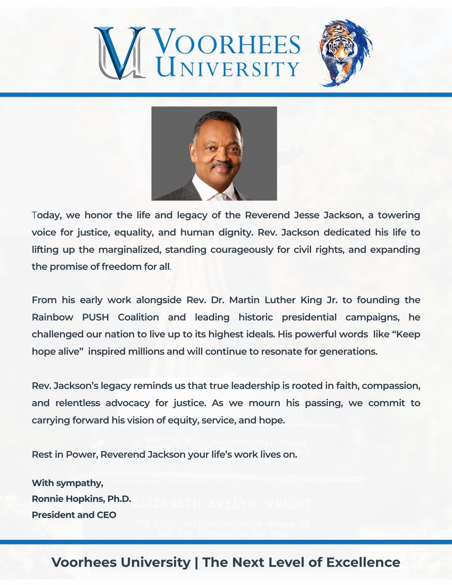 VoorheesUniv's tweet photo. #JesseJackson #RestInPower #VoorheesUniversity #CivilRightsLegacy #KeepHopeAlive https://t.co/NgUDYMz4pg