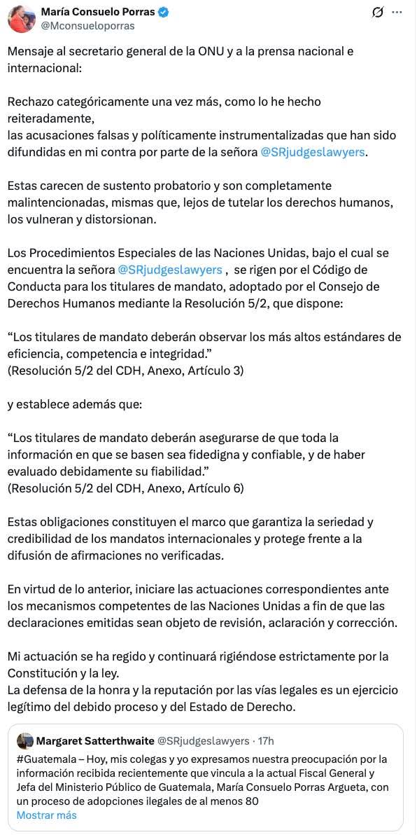 #comunicado
 La fiscal general Consuelo Porras publicó un mensaje dirigido al secretario general de la ONU y a la prensa nacional e internacional, en el que rechaza “acusaciones falsas y políticamente instrumentalizadas” en su contra.
