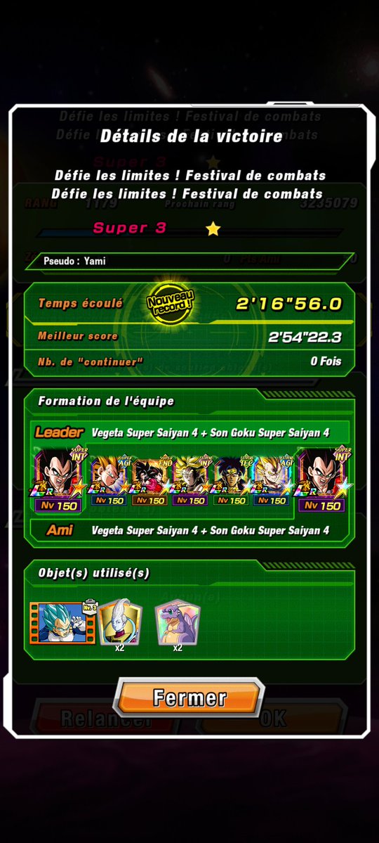 Mission Extrême Festival de combat : même logique que pour la version super, vous laissez les SSJ4 faire le taff, vous mettez vos items sur Gogeta et Vegetto pour sécuriser la game et vous avez gagnez. #DokkanBattle