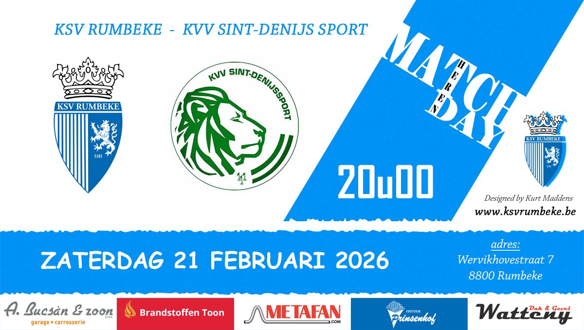 KsvRumbeke's tweet photo. ⚽️ MATCHDAY - competitie !!!
🏟 KSV Rumbeke 🆚 KVV Sint-Denijs Sport
🕖 20u00
📌 Wervikhovestraat 7, 8800 Rumbeke https://t.co/WOFD2BQWE7