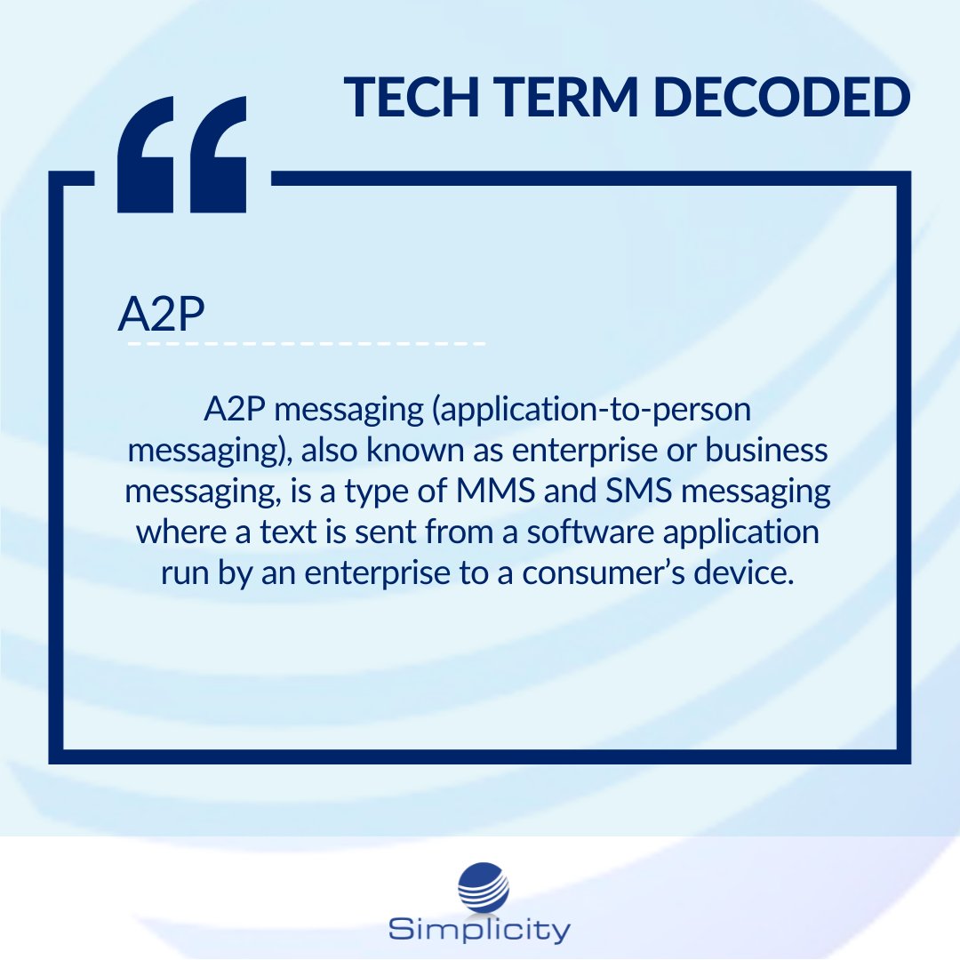 humphreys66amy's tweet photo. A2P (Application-to-Person) messaging - at Simplicity that would would be our SMSPlus- powers business texts like appointment reminders, service updates, and alerts. 

#A2PMessaging #TechTermTuesday #SimplicitySMSPlus https://t.co/OdlBfYAc2A