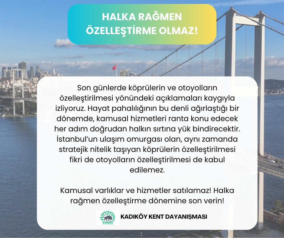 Halka rağmen özelleştirme olmaz!

İstanbul’un ulaşım omurgası olan, aynı zamanda stratejik nitelik taşıyan köprülerin özelleştirilmesi fikri de otoyolların özelleştirilmesi de kabul edilemez.

Kamusal varlıklar ve hizmetler satılamaz!