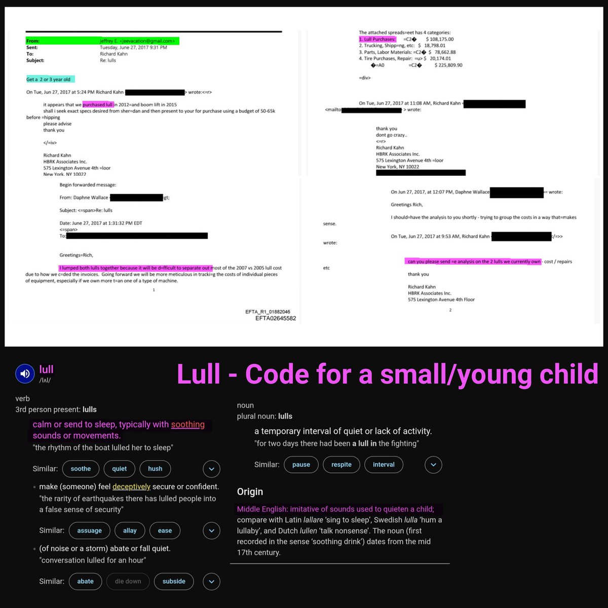 Just found a correspondence, where Jeffrey Epstein tells Richard Kahn:
"Get a 2 or 3 year old".

Richard then procedes the correspondence with Daphne Wallce for a purchase of "LULLS".

We just found another Code Word they used.

Lulls = Small Children

Read the correspondence