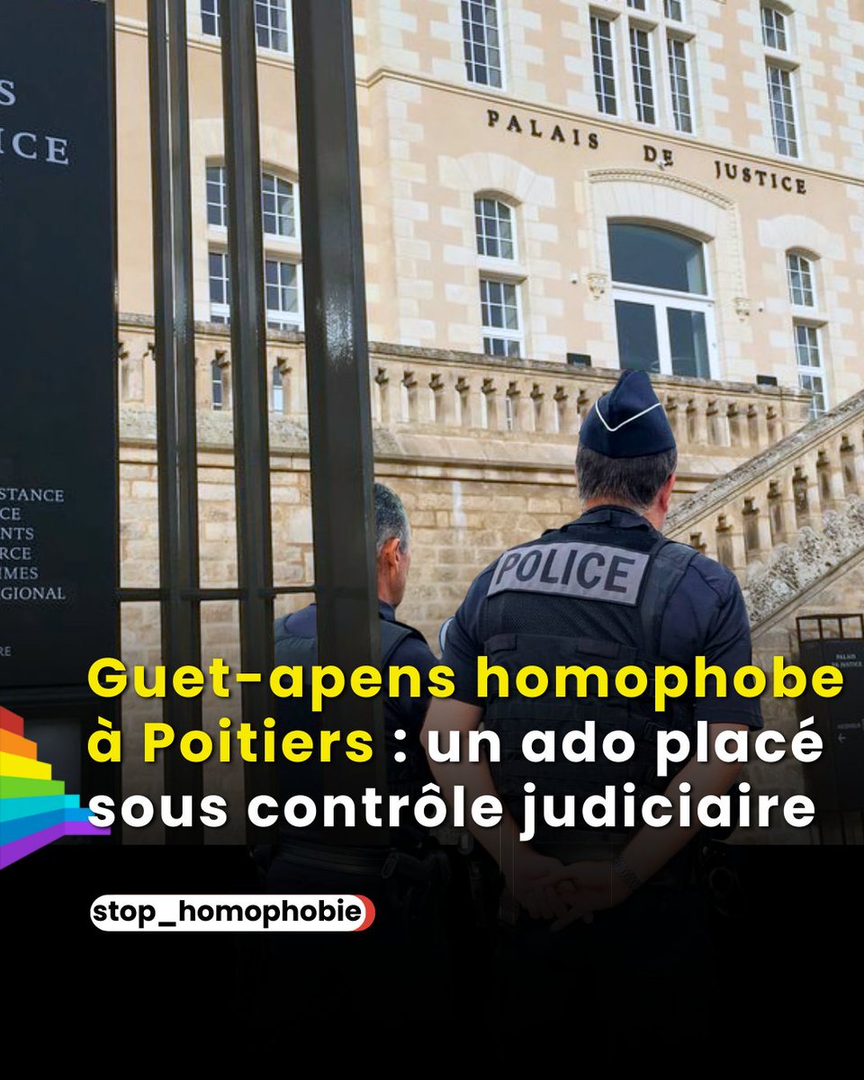 stop_homophobie's tweet photo. 📍 Poitiers (Vienne) – Guet-apens homophobe

Dans la nuit du 9 au 10 février 2026, un jeune homme a été agressé dans le centre-ville de Poitiers lors d’un guet-apens préparé via TikTok.

Un adolescent suspecté d’être à l’origine de l’attaque a été placé sous contrôle judiciaire. Après avoir frappé la victime, il lui aurait demandé à plusieurs reprises des excuses pour son orientation sexuelle. 

Parmi les mesures décidées, l’interdiction de contact avec la victime, l’interdiction d’utiliser TikTok, un couvre-feu et un suivi éducatif par la Protection judiciaire de la jeunesse.

🔗 https://t.co/5zqpmo3gfS

#StopHomophobie #Poitiers #Vienne #ViolencesHomophobes #LGBT #ProtectionJeunesse #TikTok #AlerteLGBT #SolidaritéLGBT #PréventionHomophobie