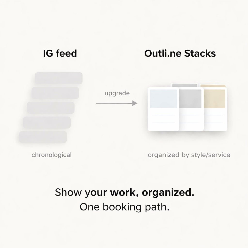 joinoutline's tweet photo. Your IG feed is chronological. Clients book by style.

Switch your link-in-bio to a portfolio-in-bio: 
1) Put your best work first
2) Organize by service/style (Stacks)
3) One clear booking button

Want a simple template? Try https://t.co/lqeQH2e8tJ. https://t.co/h6UduyBA5E