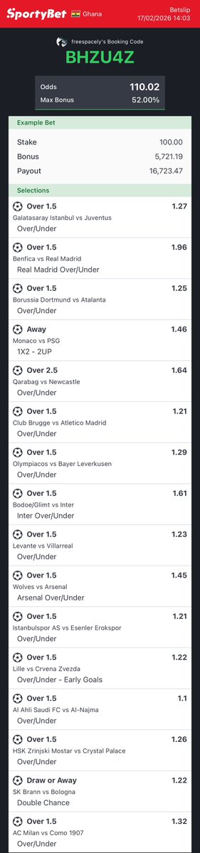 freespacely's tweet image. 100 odds from now till Thursday.

BHZU4Z

sportybet