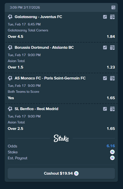 LosFijos's tweet photo. UCL DAY AGAIN ! 
IF THAT PARLEY HIT WILL PICK 4 WINNERS OF 20$ EACH ! 
MUST FOLLOW AND REPOST THE TWEET 

20$ TO 122$ SHOULDNT BE HARD 
@Stake 
#Stake #gambling #sportbetting
#ucltoday https://t.co/Psp3kdc0E4