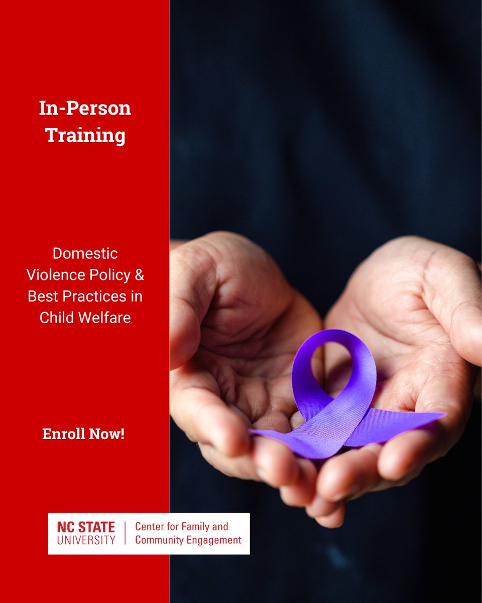 #TrainingTuesday. The Domestic Violence Policy &amp; Best Practices in Child Welfare training helps professionals connect policy to practice and assess domestic violence in families.

🔗 Learn more: cface.chass.ncsu.edu/domestic-viole…

#ChildWelfare #DomesticViolence