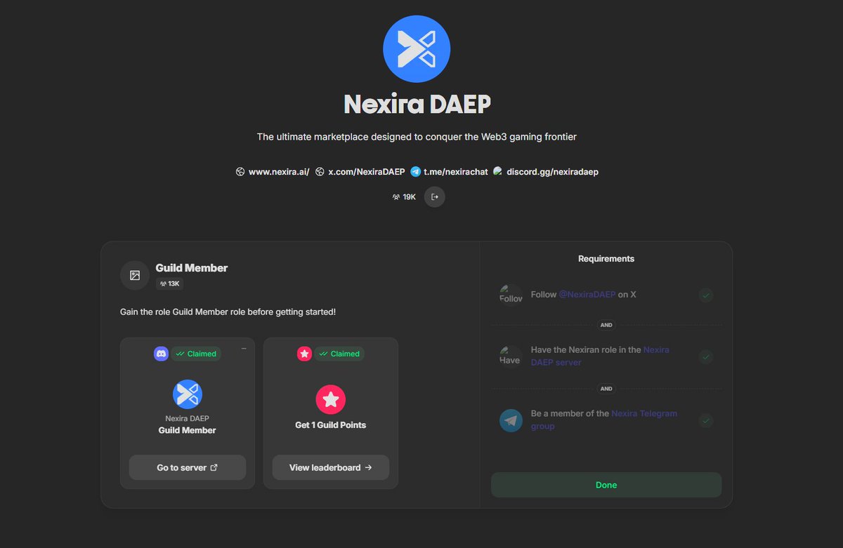 Nexira ~ Guild Update! <a href="/NexiraDAEP/">Nexira</a> 

✨ Go to guild.xyz/nexiraDAEP
• Connect your Wallet and Social Accounts
• Click Join the Guild and Complete the tasks
• Verify, Claim the Guild Member Role and Guild Points