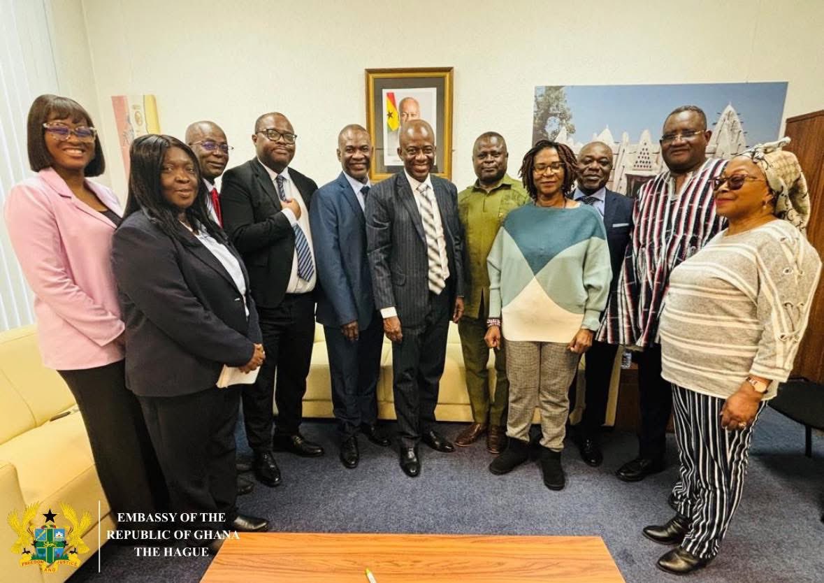 GhanaEmbNL's tweet photo. On 16 Feb 2026, Executives of RECOGIN paid a courtesy call on Ghana’s Ambassador to the Netherlands, H.E. Eddison Mensah Agbenyegah.

Discussions focused on collaboration to strengthen the Ghanaian community in the Netherlands and support development initiatives in Ghana. https://t.co/JWZ3wqOANn