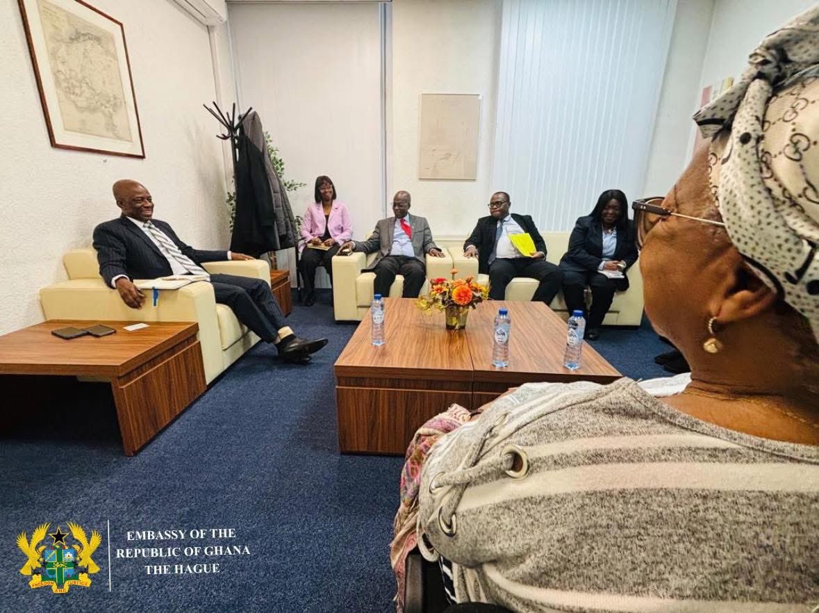 GhanaEmbNL's tweet photo. On 16 Feb 2026, Executives of RECOGIN paid a courtesy call on Ghana’s Ambassador to the Netherlands, H.E. Eddison Mensah Agbenyegah.

Discussions focused on collaboration to strengthen the Ghanaian community in the Netherlands and support development initiatives in Ghana. https://t.co/JWZ3wqOANn