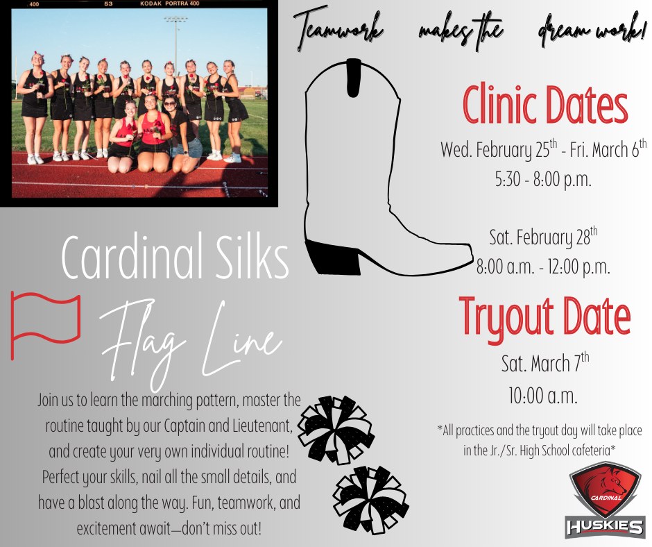 🚩One week until Cardinal Silks clinics begin!

Grades 8–11: Clinics run Feb. 25–March 6, leading to tryouts on March 7. Build skills, gain confidence &amp; be part of something special.

Questions? haley.adams@cardinalschools.org🐾