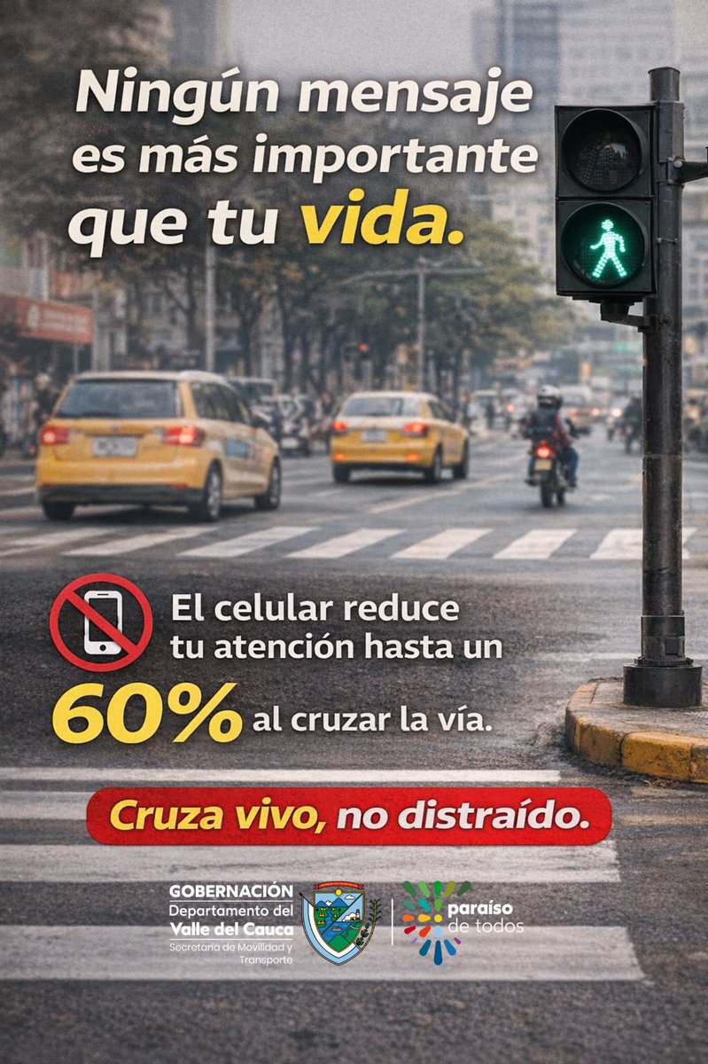 📉 El uso del celular reduce tu atención hasta un 60% al cruzar la vía.

🚦 Mira a ambos lados.
🚶‍♀️ Espera el semáforo.
📵 Guarda el celular.

Cruza vivo, no distraído