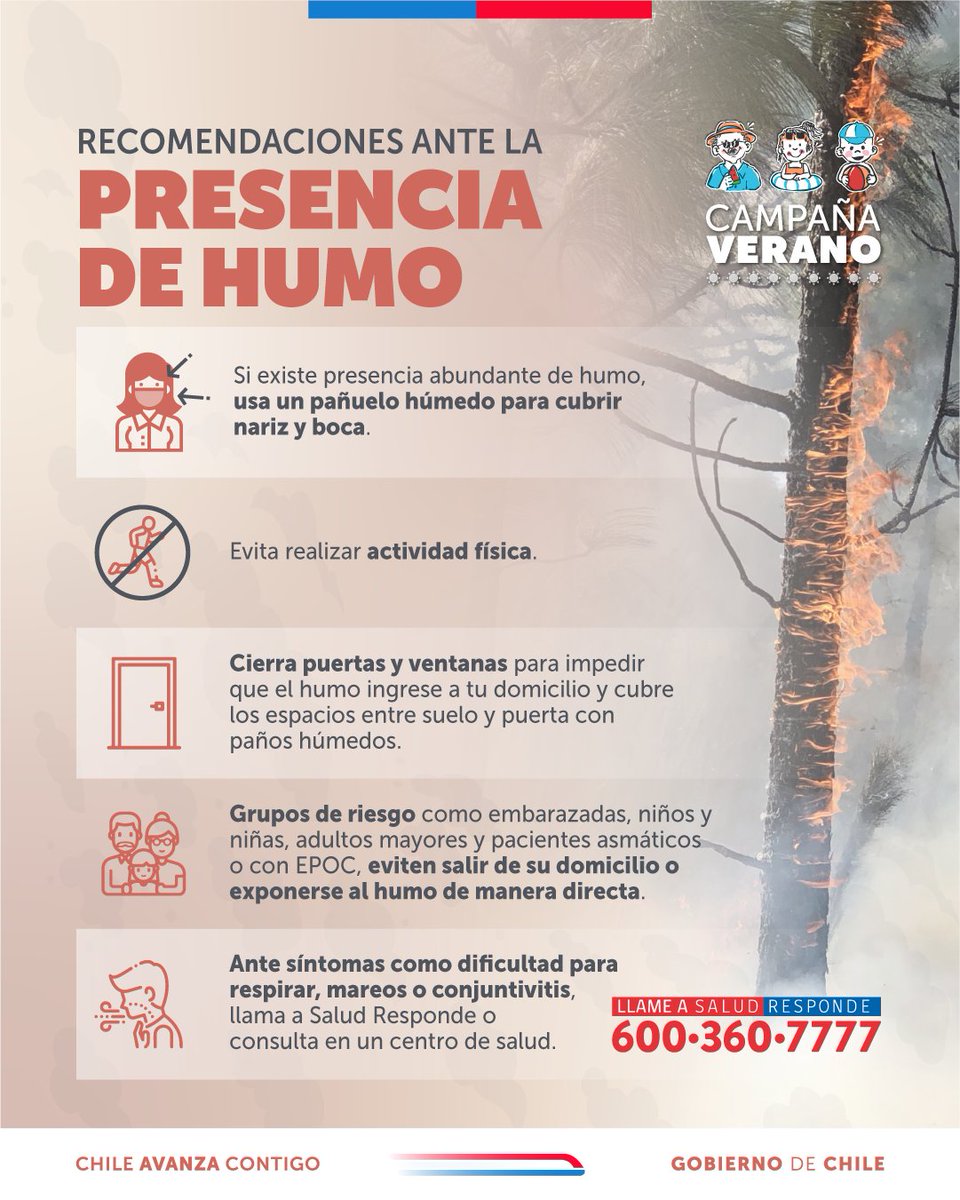 Recomendaciones ante la presencia de humo: si hay humo en el ambiente, toma medidas para proteger tu salud. #CampañaVerano 
 
• Cubre nariz y boca con un paño húmedo si la concentración de humo es alta. 
• Evita la actividad física mientras persista la mala calidad del aire.