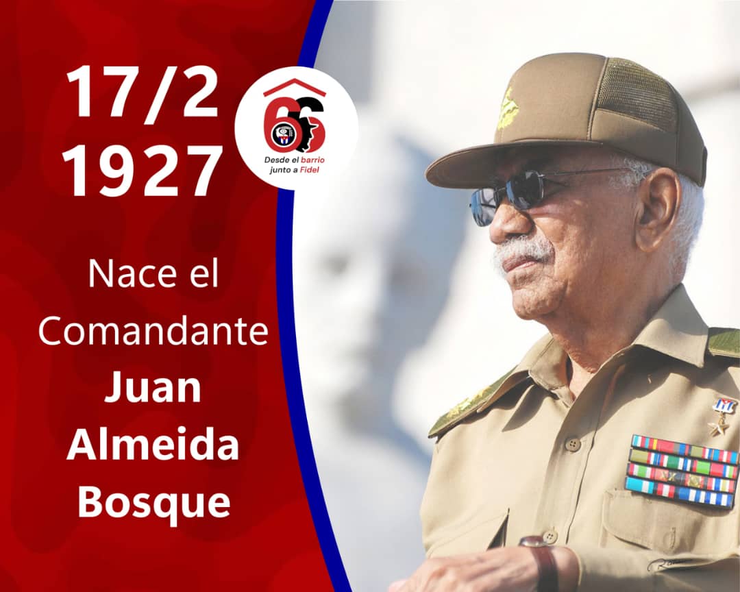 Su "AQUÍ NO SE RINDE NADIE..." nos sigue acompañando. Moncadista, expedicionario, jefe de frente guerrillero, jefe de ejército, más de 300 canciones, más de 12 libros. 
Recordamos a Juan Almeida Bosque. Su ejemplo perdura en nuestro pueblo. <a href="/AlbertoLopezcu/">Alberto López Díaz</a> <a href="/minalcuba/">Ministerio de la Industria Alimentaria de Cuba</a>