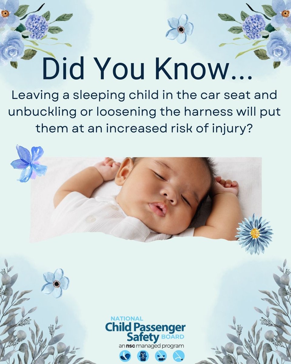 NCPSB's tweet photo. Did you know that best practice is to transfer a sleeping child from their car seat to a firm, flat, safe sleep surface free from items like pillows, blankets and stuffed animals?
#BuckleUp #carseat #safety #education #parents #children @NSCsafety https://t.co/b8IdXf9APk