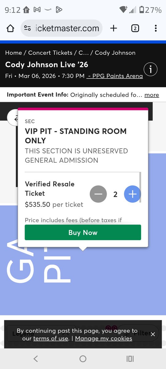 Provie98's tweet photo. Anyone know if @codyjohnson releases pit tickets as the event gets closer? Just realized @KipMooreMusic is the opener. $545 for resell tickets is not in my budget. Ouch. https://t.co/pO2aQyos2h