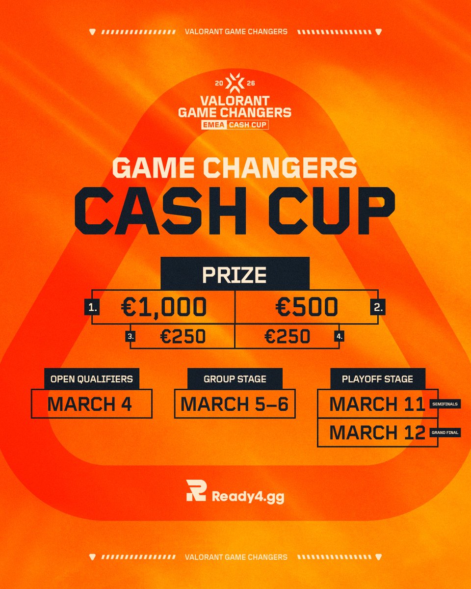 Ready4.gg presents VCT Game Changers Cash Cup #2 and the competition is about to begin! 🔥

Build your roster, prepare your strategy, and compete for the title.

Register now: discord.gg/VJZYbtft4c
