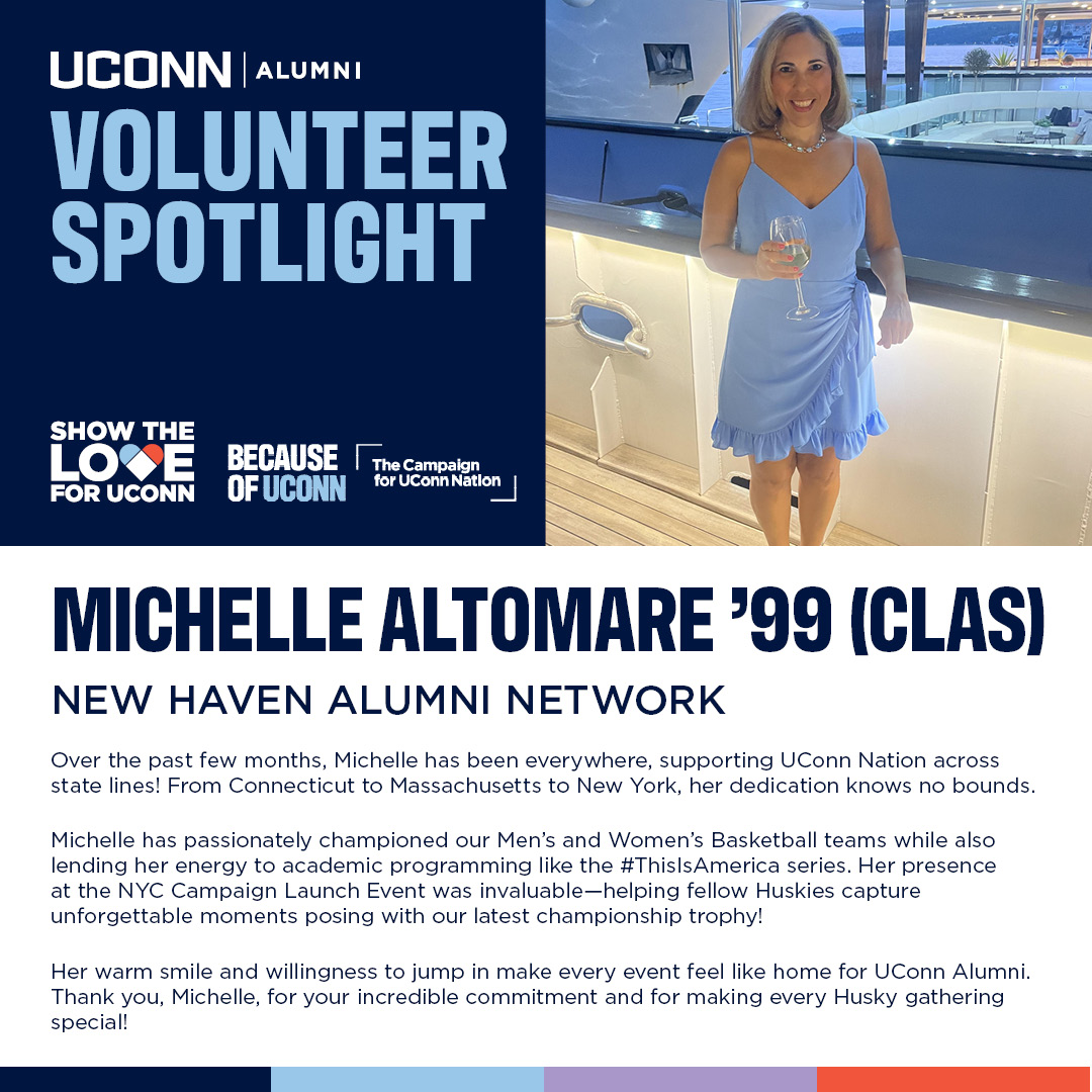 UConnAlumni's tweet image. Volunteer Spotlight: Michelle Altamore ’99 (CLAS)

Michelle has passionately championed our Men’s and Women’s Basketball teams while also lending her energy to academic programming like the #ThisIsAmerica series.

Thank you, Michelle, for your incredible commitment.