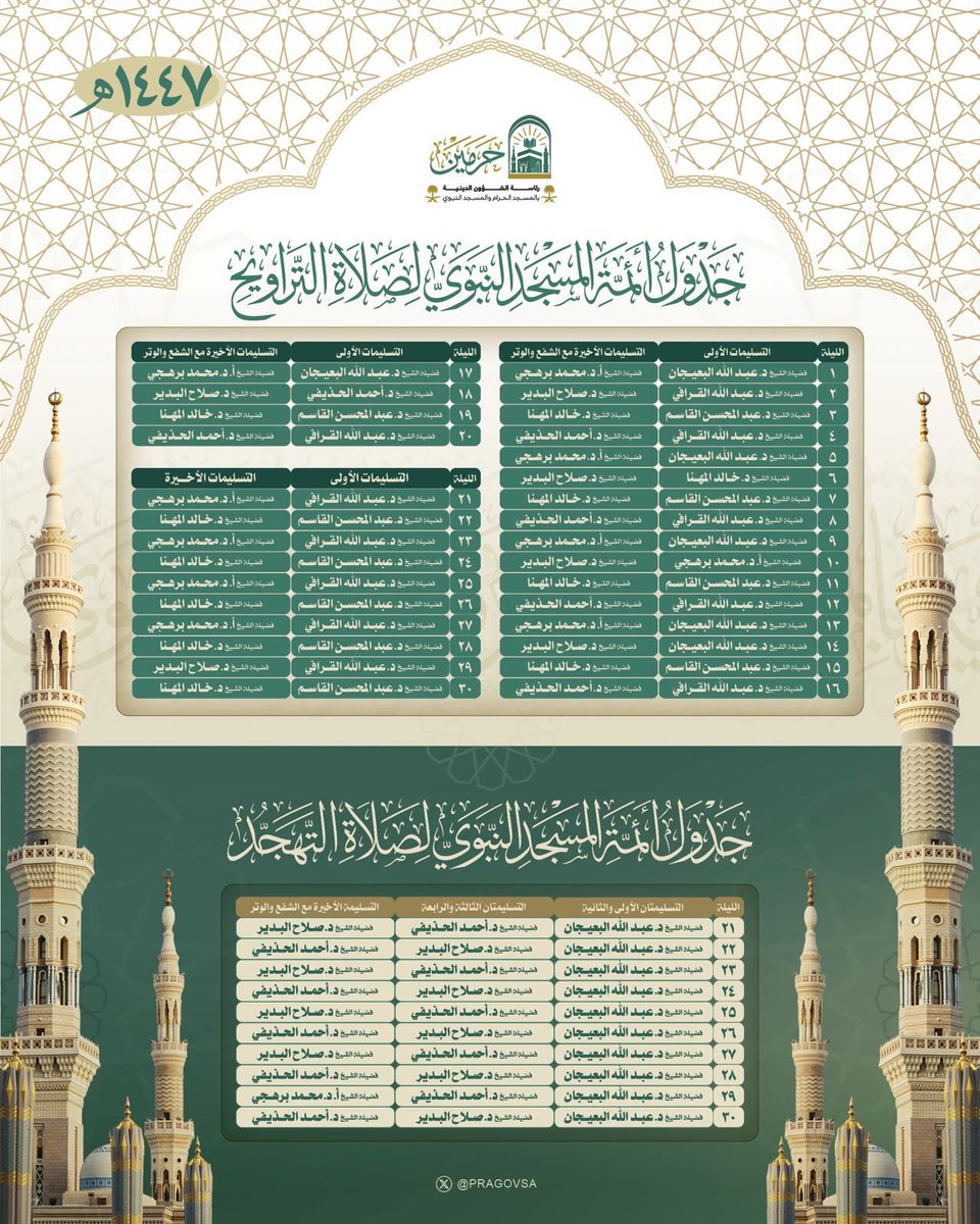 1Rayyanreda's tweet photo. جدول أئمة صلاة التراويح في المسجد النبوي.. https://t.co/XrGUCnkm0E