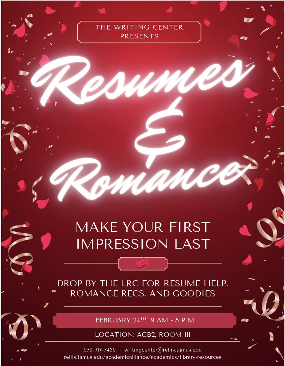 rellisedu's tweet photo. Looking to polish your resume and pick up a new romance read? ❤️ 
Resume &amp; Romance: Make your first impression last.
Stop by the LRC for resume help, romance recommendations, and goodies.
Feb. 24 | 9 a.m.–5 p.m.
More info: writingcenter@rellis.tamus.edu https://t.co/nDN4GlgUWf