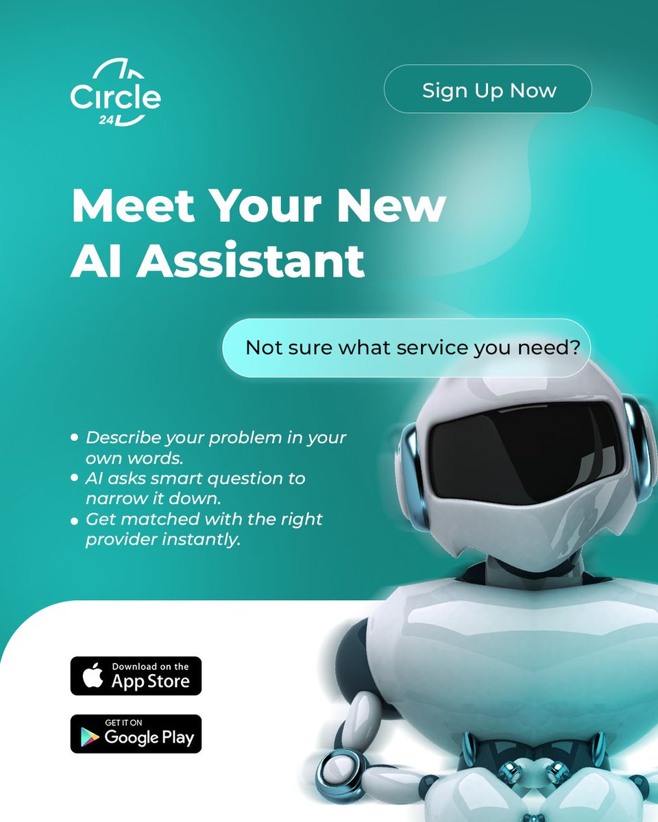 circle24_'s tweet photo. Meet your new AI assistant 🤖✨
Not sure what service you need? Just describe your problem in your own words and let AI handle the rest.

💬 Ask naturally
🧠 Get smart follow-up questions
🎯 Get matched with the right provider instantly

Download Circle24 and let AI do the searching for you.

#Circle24 #AIassistant #AIinAfrica #TechInNigeria