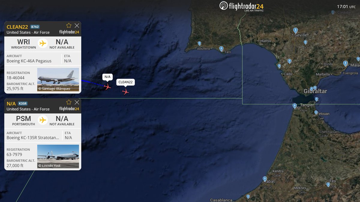 DefenceGeek's tweet photo. McEntire F-16s approaching Spain #FreeIran
Currently inbound to NAS Rota (LERT) or Moron Airbase (LEMO) are:
KC-135R "?" 63-7979 #AE07BF
KC-46A "CLEAN22" 18-46044 #AE5F97
F-16C (x6) "TABOR71" flight
"CLEAN23" went back to KMCF as planned, unclear where "CLEAN21" went (63-7979 was not filed as part this movement)
@MATA_osint