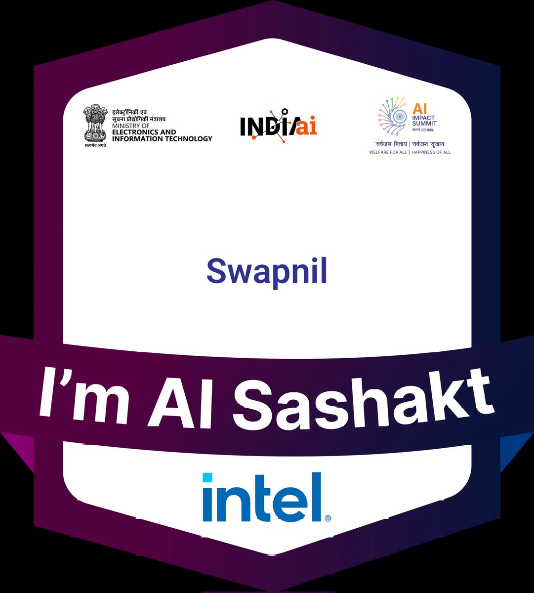 swapnyk's tweet photo. Just received my AI Sashakt badge from IndiaAI Mission, MeitY, and Intel India for taking the AI Responsibility Pledge, under India AI Impact Summit 2026. You can earn one too! Visit https://t.co/tHfcbQb2Ae and become a Responsible AI citizen! #AIPLEDGEINDIA https://t.co/vmon94fSsc