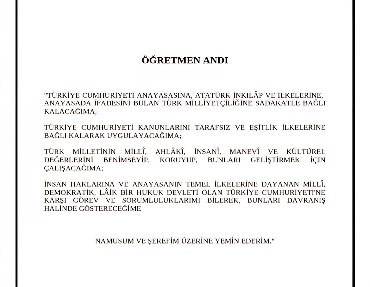 Mesleğe başlarken, aşağıdaki metni okuyup " şerefi " üzerine yemin eden tüm eğitimcilere hatırlatma ! 
#LaikEğitim