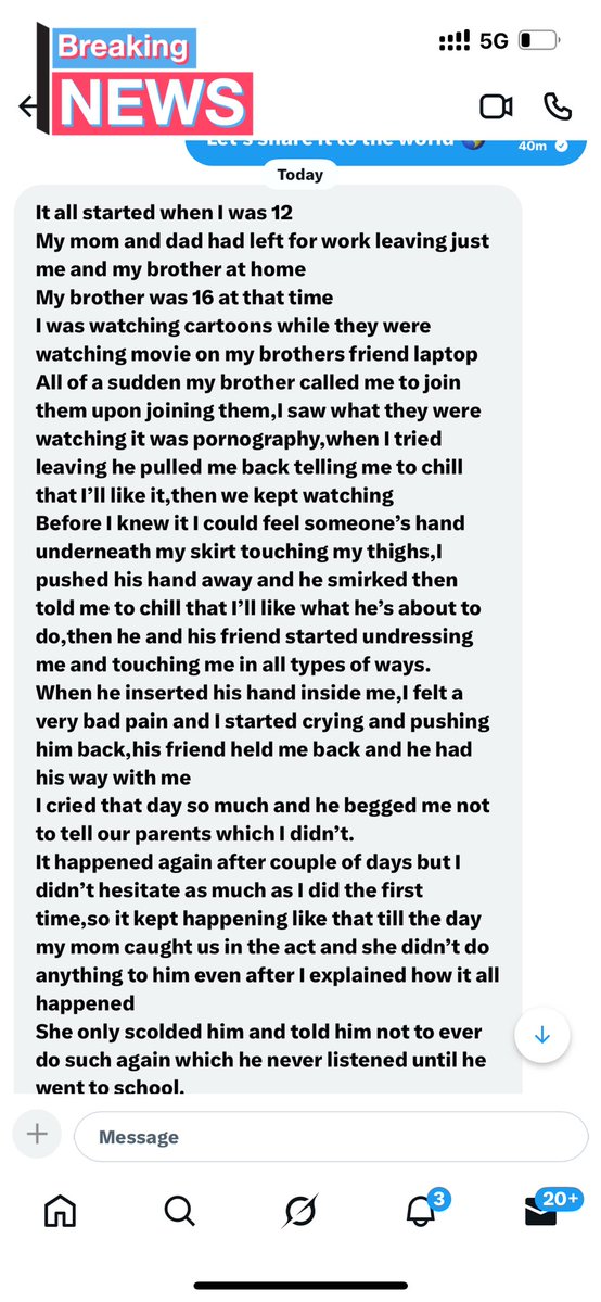 Somebody just randomly sent me a text bout her rape experience 
This is disheartening 💔💔
👇👇👇