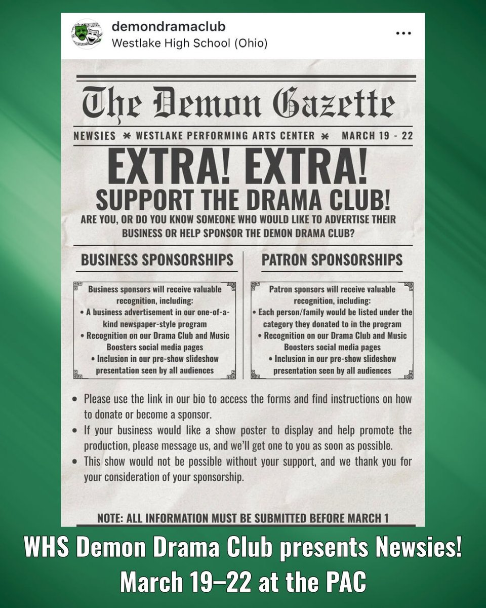 WHS Demon Drama Club Sponsorship Opportunities for Businesses, Families &amp; Friends:
Business Sponsorships:
drive.google.com/file/d/1n2aZip…
Family &amp; Friends Supporters:
docs.google.com/forms/d/e/1FAI…
Thank you for your consideration and support!