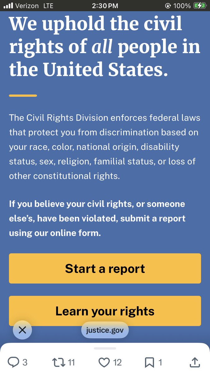 MillerIIIF's tweet photo. # DOJ Civil Rights Report … Submission complete … 722492-JXP … Post 11 Of 11 / “ DOJ Civil Rights “ …☝️…

February 17, 2026 @ 11:30 AM 

————————————- 

All Public Elected Officials …

February 15, 2026 @ 1:25 AM 

“ You going to do your job “ … ? … Quoted elsewhere …

… “ Elected Officials Do “ … Your …“ Jobs “ …

https://t.co/OltzuJJEjz 

———————————-   

February 16, 2026 @ 2:33 PM 

“ We uphold the civil rights of all people in the United States. “ …

             “ Start A Report “ …

https://t.co/CpiayGeO7J

“ Contact the Department of Justice to report a civil rights violation “ …

Enter a #CivilRights Report Here !

https://t.co/G7CCIUBouW

———————————-

Enter Into ‘ X ‘ & StartPage Search Criteria …

Civil Rights In A Modern Era 

———-

Civil Rights Cases 

# Civil Rights Cases 

#CivilRightsCases 

———-

Civil Rights Day 

# Civil Rights Day 

#CivilRightsDay … 

———-

Review all instances of …

Top , Latest , People , Videos ,  Photos …

—————————————

“ Civil Rights Day “ …

https://t.co/HRt7lt9EQC … 

———-

“ Where Are … ? “ Civil Rights 

https://t.co/LroHHImwYn

————————————- 

“ February 13, 2026 @ 6:30 - 6:41 AM EST “ … 

Outgoing phone call … Department Of Justice … Civil Rights Division …

https://t.co/Mm8b068yOu 

“ DOJ Holding criminals accountable to fullest extent of the law “ …

————————————- 
⬇️⬇️⬇️⬇️⬇️⬇️⬇️⬇️⬇️⬇️

February 10, 2026 @ 10:53 PM EST … Civil Rights Report Submitted Originally …

————————————-

February 10, 2026 @ 11:22 PM … Original Direct Message ( DM ) Saved …

————————————-

“ February 10, 2026 @ 11:20 PM … EST … Original Direct Message ( DM ) Sent …

———————————-

# DOJ Civil Rights Report … Submission complete … 722492-JXP …

———————————

February 10, 2026 @ 10:53 PM EST … Time Report Was Submitted …

———————————

@AGPamBondi

@PamBondi

@TheJusticeDept …

DOJ Civil Rights
Division ! …
@CivilRights …

⬆️⬆️⬆️⬆️⬆️⬆️⬆️⬆️⬆️
———————————- “ …

@DOGE & @DOGE_SSA …

@POTUS & @FLOTUS
@VP @WhiteHouse … 

@JoeBiden …
@DrBiden …
@UDBidenInst …

@BarackObama …
Former #Constitutional 
Law Professor at the 
University of Chicago 
Law School @UChicagoLaw
from 1992-2004 …

@LauraBushFdn

@RockefellerFdn …😉…

https://t.co/ctH0xbiNvT …

Karoline Leavitt …
@PressSec … 

Karoline Leavitt 
@karolineleavitt …

The White House Correspondents' Association
WHCA
@whca …

Jamie Dimon, CEO …
https://t.co/sStdybOmx6
@JPMorgan Chase & Co. …

Marco Rubio …
@SecRubio …

DNI Tulsi Gabbard 
@DNIGabbard …

Serving as the 8th Director of National Intelligence …

Tulsi Gabbard 
@ODNIgov

@TulsiGabbard 

Kristi Noem 
@Sec_Noem …

Homeland Security 
@DHSgov …

@FBIDirectorKash

@Kash_Patel

Deputy Director of the FBI …
Dan Bongino
@dBongino …

@FBIPhiladelphia …

Ben Williamson 
Assistant Director for Public Affairs at the FBI …
@_WilliamsonBen …

@ AGPamBondi

@ PamBondi

@ TheJusticeDept …

DOJ Civil Rights
Division ! …
@CivilRights …

@DOGE_DOJ

Judicial Watch 
@JudicialWatch …

Rep. Anna Paulina Luna
@RepLuna …

Sen. Marsha Blackburn
@MarshaBlackburn …

‘S e c r e t’ary of ‘W a r’
Pete Hegseth 
@SecWar …

Pete Hegseth 
@PeteHegseth …

Selective Service System …
@SSS_Gov …

https://t.co/JUyGKwCV0M

———————————
8/6/2025 @ 4:00 AM 

Secret Service …
@SecretService …

———————————

@BGreene @TracyKDay …

———————————-

February 17, 2026 @ 12:00 PM